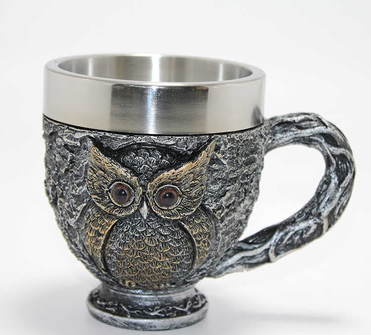 3D Kabartmalı Baykuş Büstü Paslanmaz Çelik Kupa Bardak