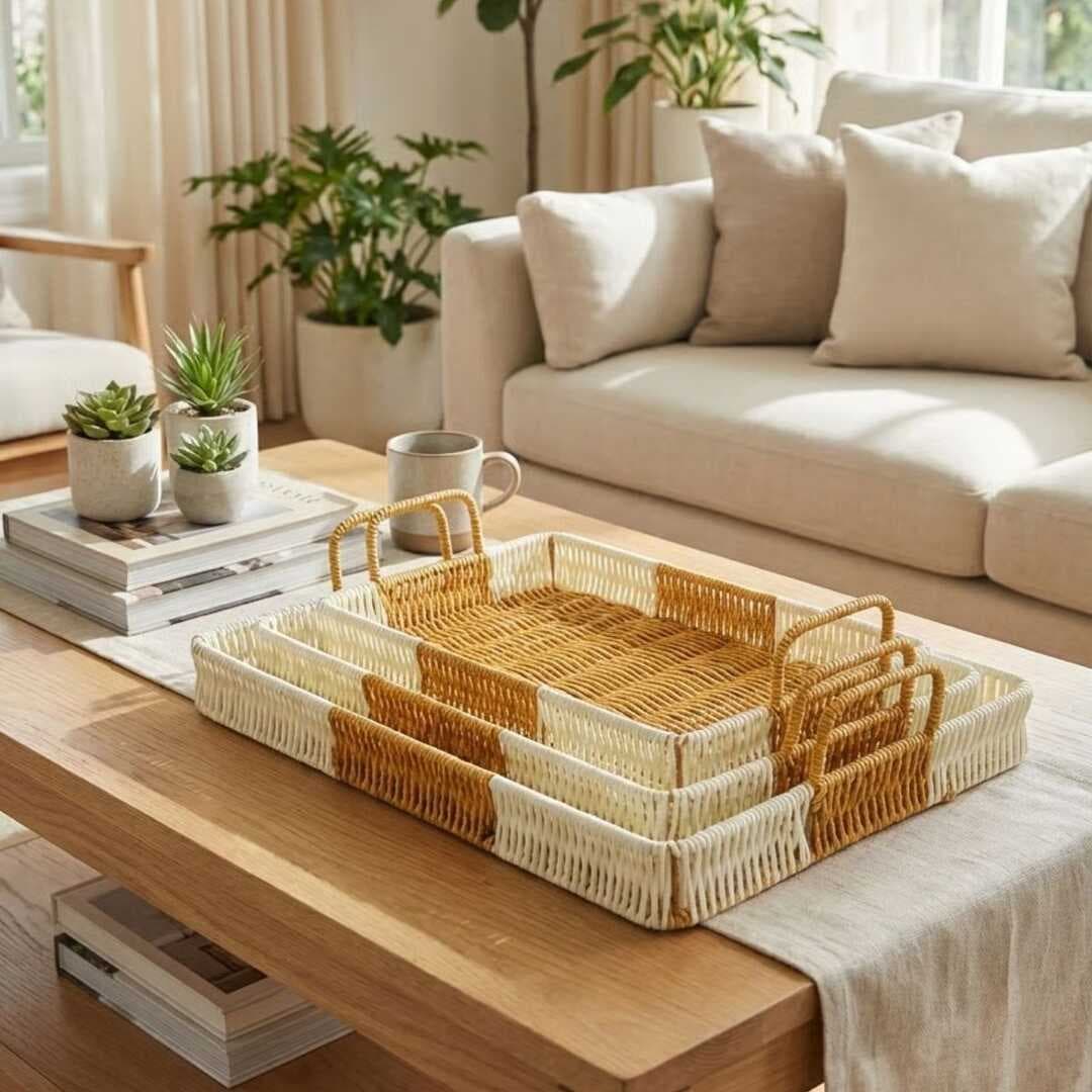 İç İçe Geçebilen 3’lü Dikdörtgen Plastik Rattan Tepsi Seti–Çift Renkli Hasır Görünümlü Çok Amaçlı Servis ve Sunum Tepsileri (5430)