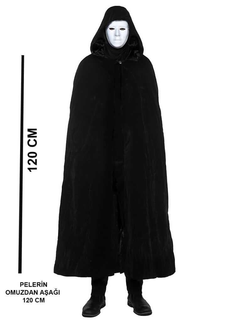 Nessiworld Siyah Kapüşonlu 120 cm Pelerin ve Beyaz Boyanabilir Tam Yüz Maske