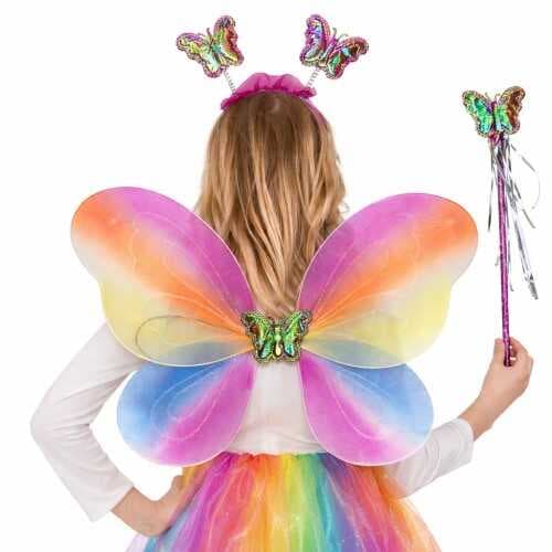 Çocuklar İçin Renkli Kelebek Kanat Taç Asa Kostüm Seti