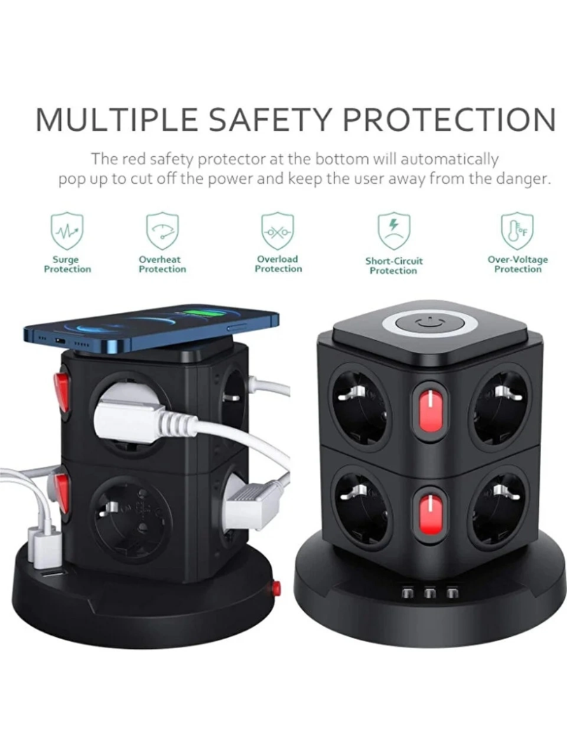 Termal Akım Korumalı Isıya Dayanıklı 3 Usb 8 Priz Ve Wireless Kablosuz Şarj 2.4 Amper Kablolu Priz