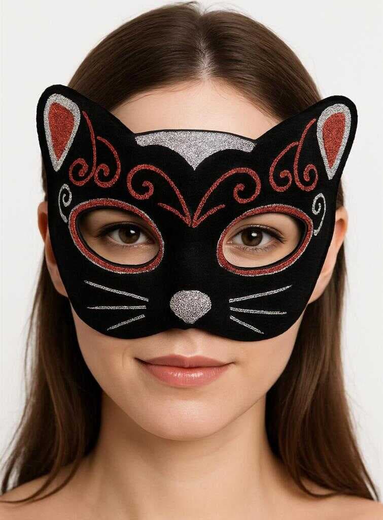 Nessiworld Kadife Dokulu Sim Detaylı Işıltılı Kedi Maskesi Kırmızı Gümüş 20x13 cm