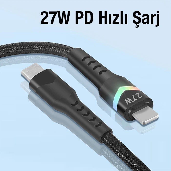 ALLY Led Işıklı 27W Type-C To iPhone Lightning Hızlı Şarj Kablosu 1m-(5775)
