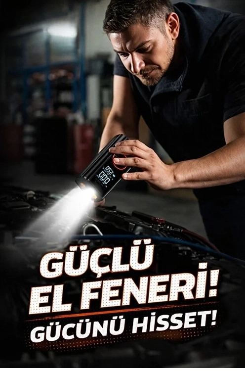 St-9650 Şarjlı 10.000 Mah Taşınabilir Araç Hava Kompresörü Akü Takviyeli Dijital Ekranlı Işıklı Çantalı