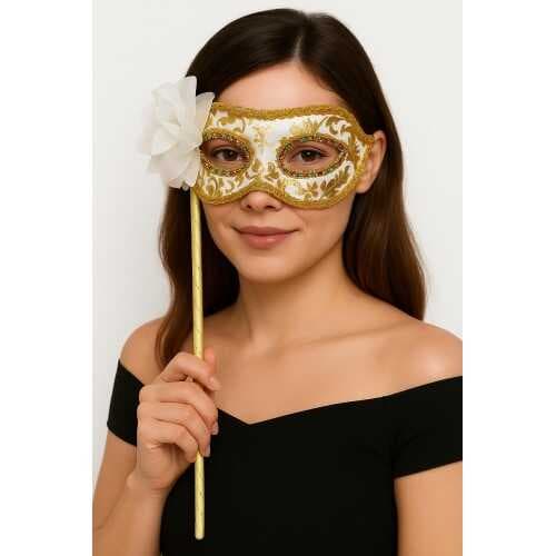 Lüks Taşlı Saplı Maskeli Balo Maskesi Beyaz Renk 35 cm