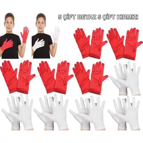 Çocuk Gösteri Eldiven Seti – 5 Çift Beyaz &amp; 5 Çift Kırmızı