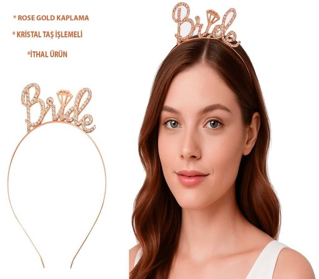 Nessiworld Rose Gold Renkli Taşlı “Bride” Gelin Tacı – El Yazısı Yazı Tipiyle