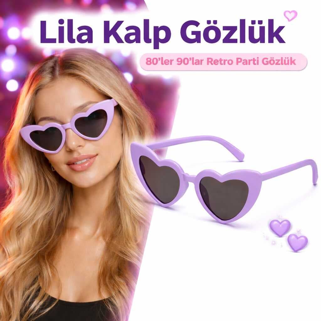 Mor Lila Retro Kalp Gözlük – 80’ler 90’lar Stil Parti Gözlüğü (5430)