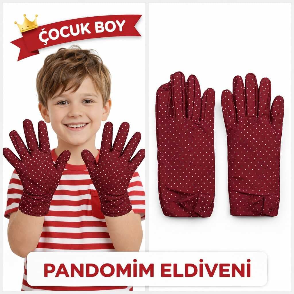 Çocuk Boy Pandomim Eldiveni Beyaz Puantiyeli Bordo Renk Gösteri Eldiveni 23 Nisan 19 Mayıs (5430)