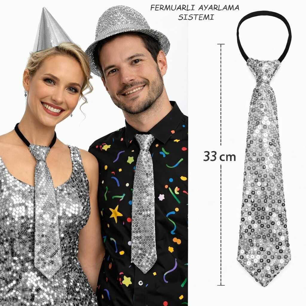 Gümüş Renk Pul Payetli Işıltılı Parti Kravatı 33 cm (5430)