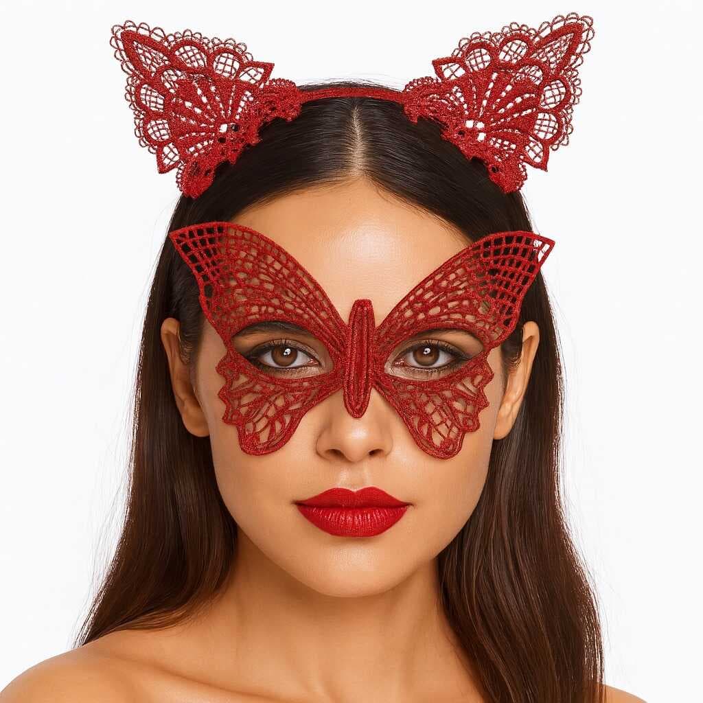 Gösterişli Kırmızı Dantel Maske ve Taç Seti 7 No – Masquerade ve Davetler için (5430)