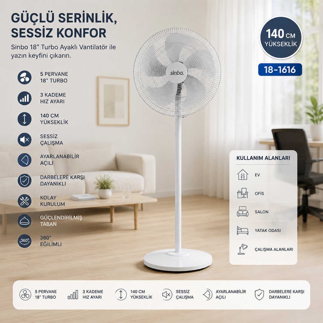 BEYAZ 5 PERVANE - 18 INC EV - OFİS KOMPAKT - SESSİZ - ÜÇ KADEME 140CM YÜKSEKLİK AYAKLI VANTİLATÖR SF-6798 (5430)