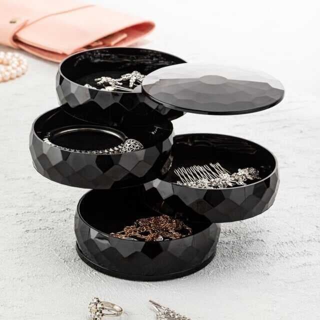 360 Derece Dönebilen 4 Katlı Takı - Toka - Küpe-Bileklik Organizer - Siyah (477477)