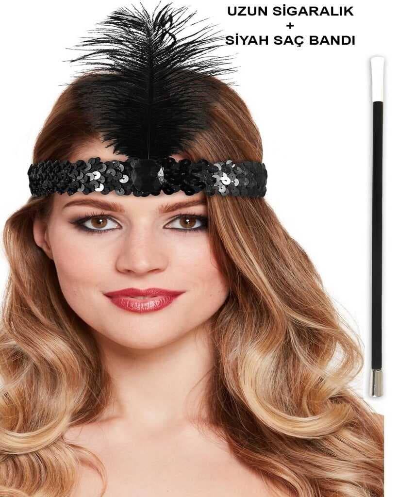 Gatsby Aksesuar Seti – Siyah Charleston Saç Bandı &amp; Sigaralık