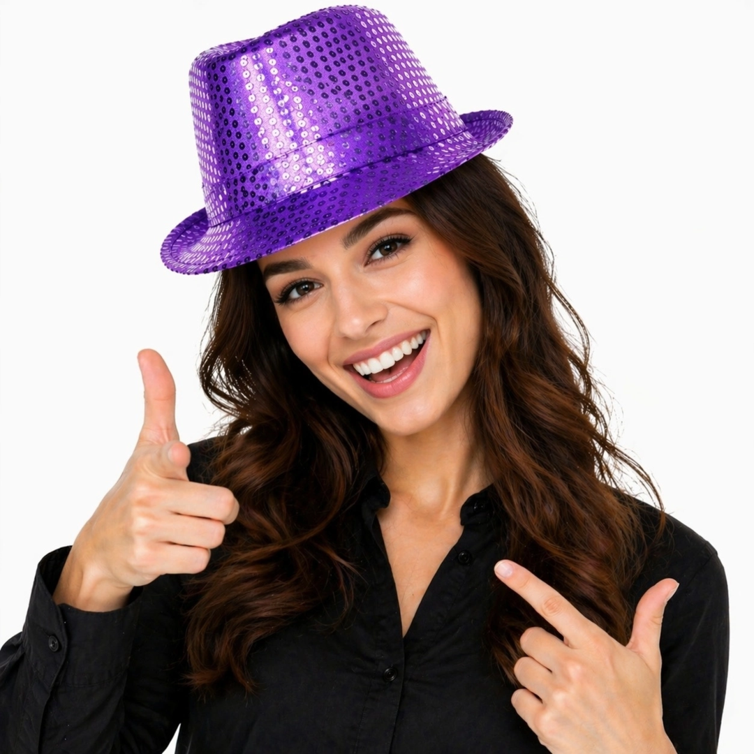 Mor Payetli Disco Parti Şapkası Yetişkin Işıltılı Fötr Model