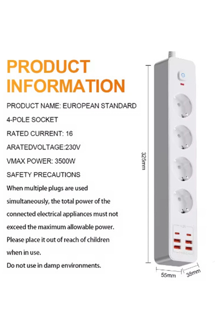 Termal Akım Korumalı 4’lü Priz 4x Usb 2x Type-c Çıkışlı Grup Priz Çoğaltıcı (3500w)