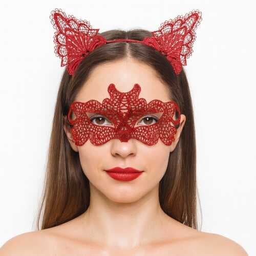 Ateş Kırmızısı Dantel Taç ve Maske Seti 10 No - Maskeli Balo &amp; Özel Gün Seti