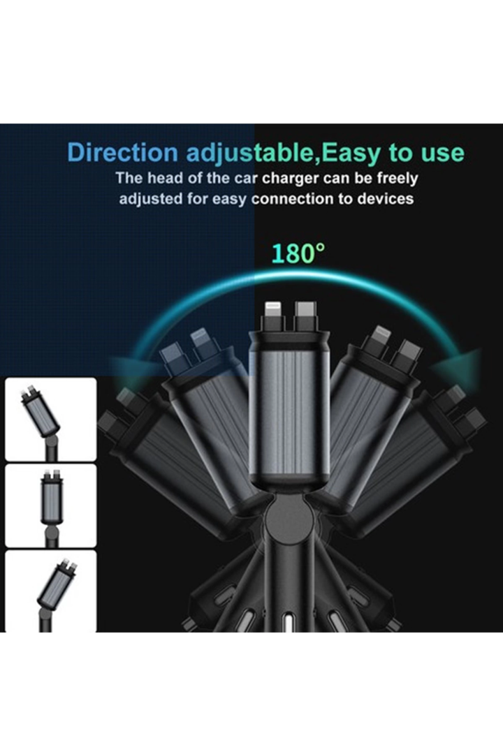 4’ü 1 Arada Çift Usb Bağlantı Noktalı, Type-c Pd Hızlı Şarjlı 66w,geri Çekilebilir Araç Telefonu Şarj Cihazı