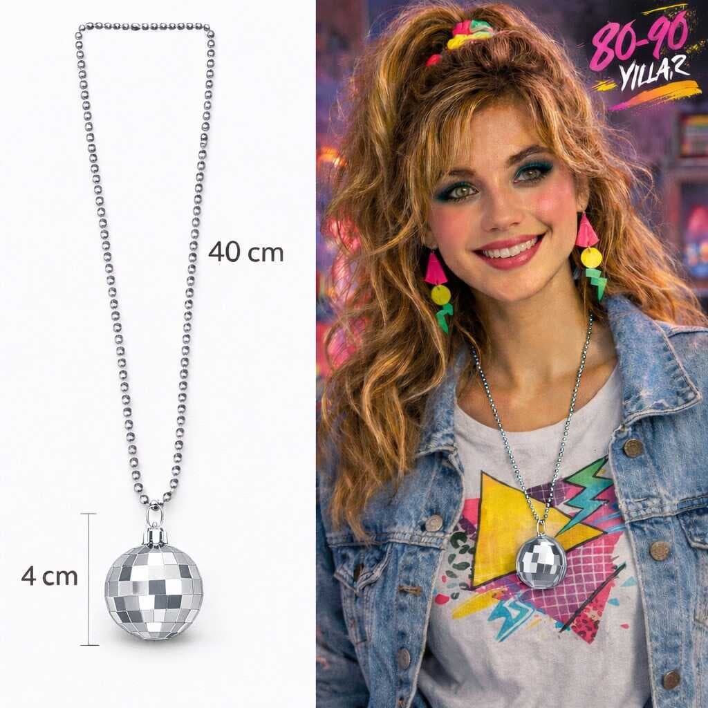 Retro Disko Topu Şekilli 80&amp;apos;ler 90&amp;apos;lar Gümüş Renk Plastik Kolye (5430)
