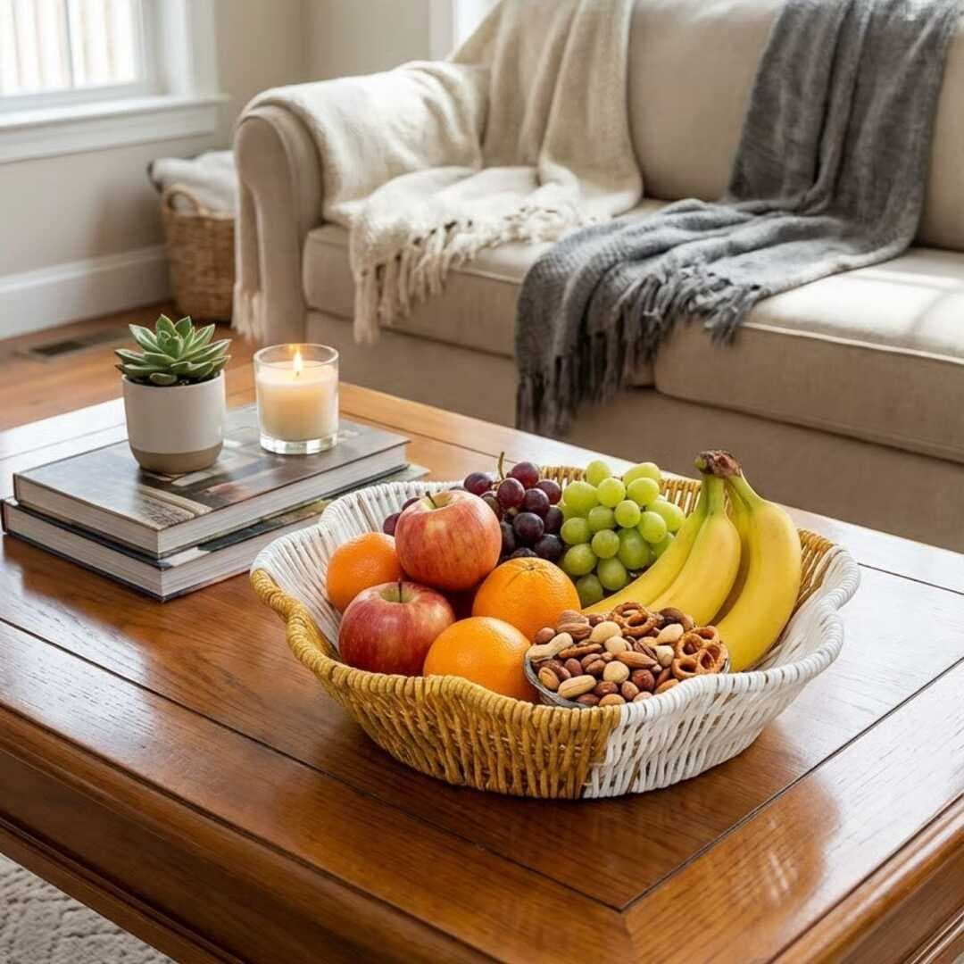 Çiçek Model Çift Renkli Plastik Rattan Ekmek ve Meyve Sepeti - Çok Amaçlı Banyo ve Mutfak Düzenleyici - Yıkanabilir Organizer (5430)