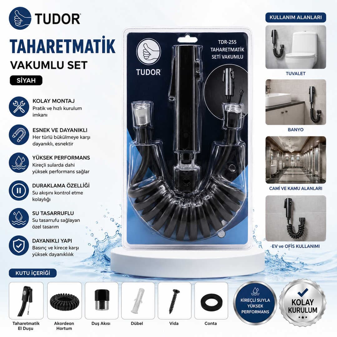 SİYAH TAHARATMATİK SETİ TAHARATMETİK EL DUŞU- HORTUM - MAFSAL VAKUMLU SET (5430)