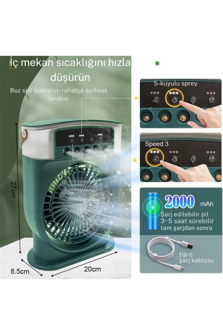 Şarjlı 600 Ml Su Hazneli Taşınabilir Masaüstü Vanilatör  Güçlü Fan Ve 2000 Mah Pil Yeşil
