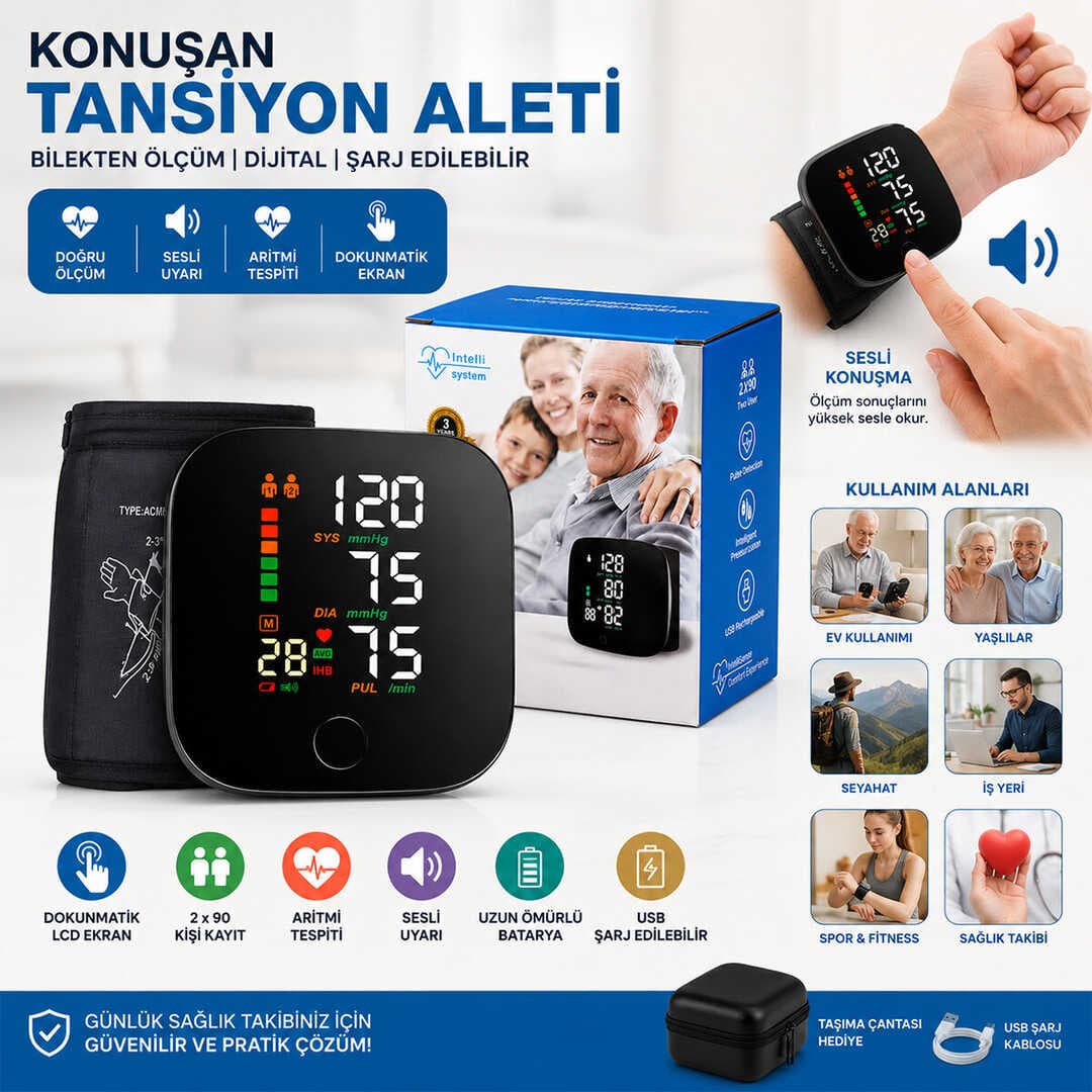 BİLEK ÖLÇÜM 7X8.3CM USB SARJLI - DİJİTAL KONUŞAN TANSİYON ALETİ BK-606 (5430)
