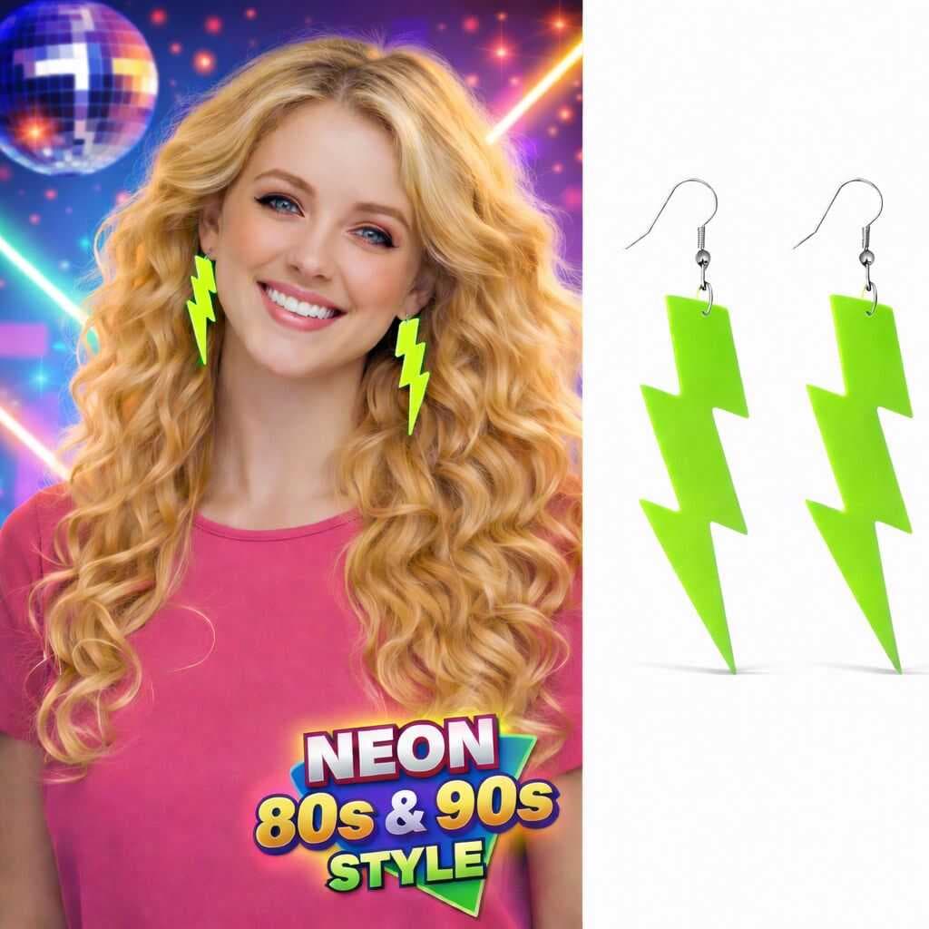 80’ler 90&amp;apos;lar Retro Neon Yeşil Şimşek Küpe 10 cm (5430)