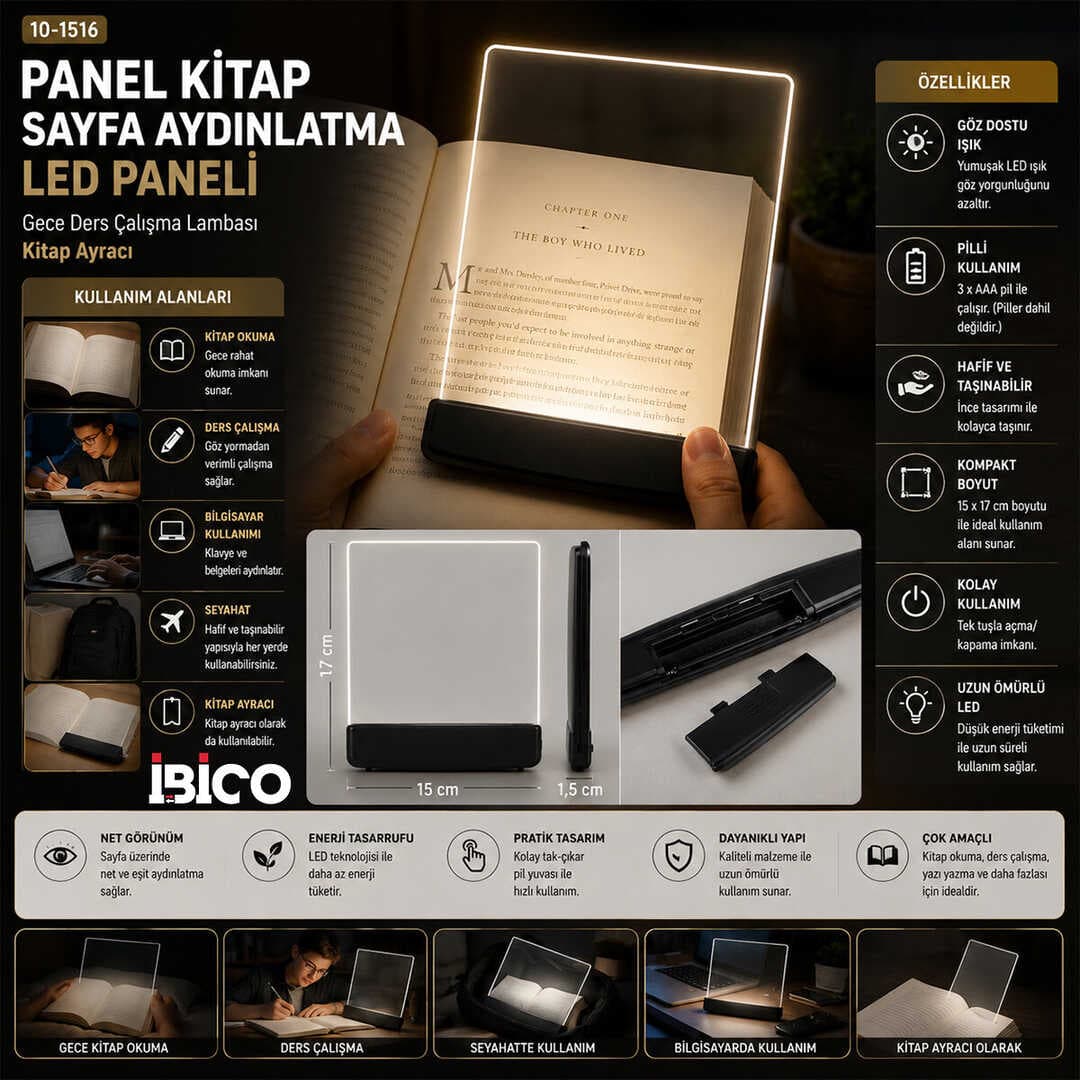 LIGHT PANEL KİTAP SAYFA AYDINLATMA LED PANELİ KİTAP OKUMA PİLLİ 15X17CM İ10-027 (5430)