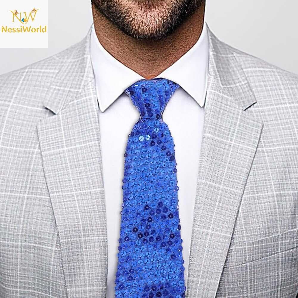 Mavi Pul Payetli Işıltılı Parti Kravatı 33 cm