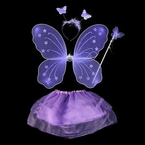 Lila Mor Kelebek Kostümü - Lila Mor Kelebek Kostüm Aksesuar Seti 4 Parça (5430)