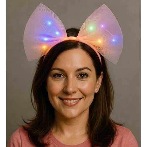 Rengarenk Led Işıklı Fiyonk Şekilli Tül Parti Tacı Pembe Renk 25x25 cm