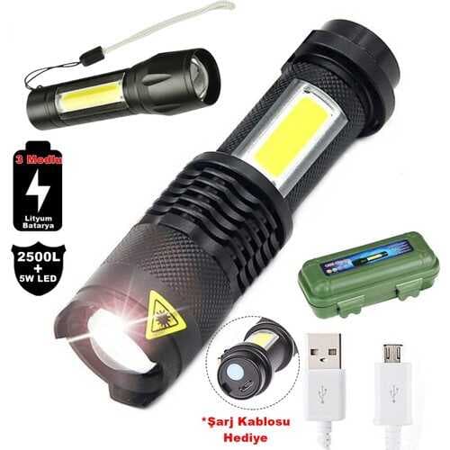2500 Lumens + 5W COB LED USB Lion Şarjlı Ultra Güçlü Q5 XPE Su Geçirmez Şarjlı El Feneri (5430)