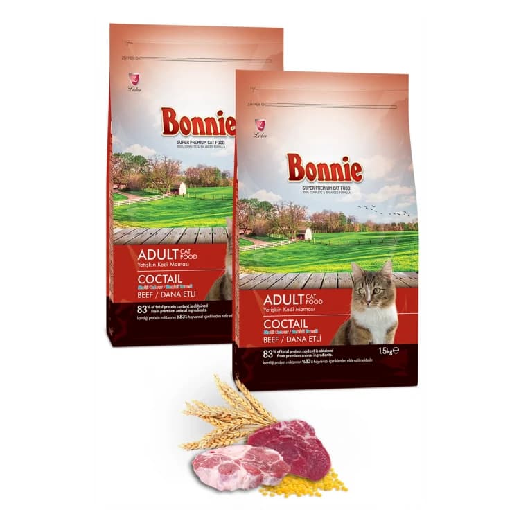 Bonnie Renkli Taneli Dana Etli Yetişkin Kedi Maması 1,5 Kg x 2 Adet