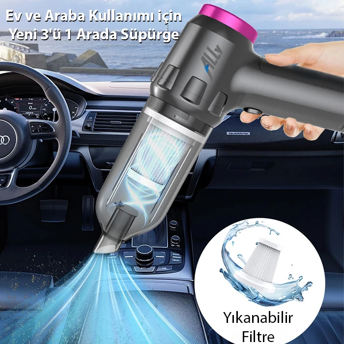 ALLY 14000pa Güçlü Portatif 2 Kademeli Tasinabilir Vakumlu Kablosuz Üflemeli Mini Araç Süpürgesi SW-103-(5775)