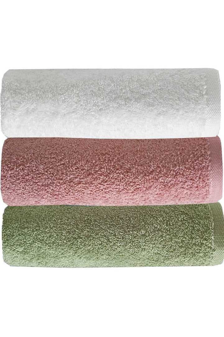 3 lü Düz Renk El Yüz Havlu Seti %100 Pamuklu 50x90 Cm Yeşil Gül Beyaz