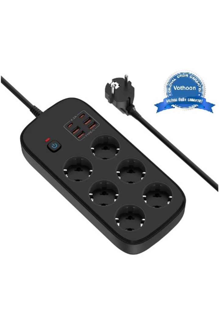Termal Akım Korumalı 6’lü Priz 4x Usb 2x Type-c Çıkışlı Grup Priz Çoğaltıcı (3500w) Siyah