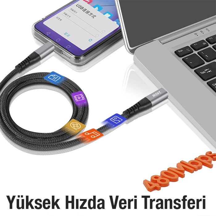 ALLY 240W Type-C To Type-C Laptop Telefon Hızlı Data ve Şarj Kablosu-(5775)