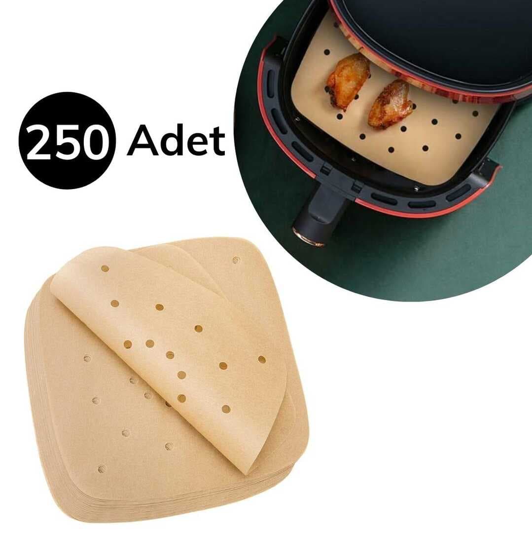 250 Adet Air Fryer Pişirme Kağıdı Tek Kullanımlık Hava Fritöz Yağ Geçirmez Yapışmaz Gıda Pişirme Kağıdı Delikli Kare Model (4767)