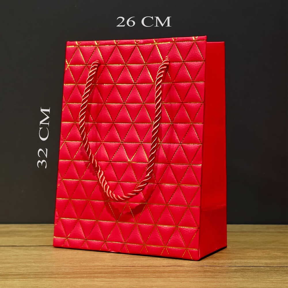 Kırmızı Geometrik Desenli Büyük Boy Karton Hediye Çantası