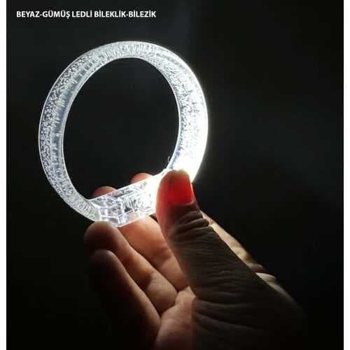 Beyaz-Gümüş Led Işıklı Baskı Yapılabilen Pilli Bileklik Bilezik 1,5 cm Genişlik