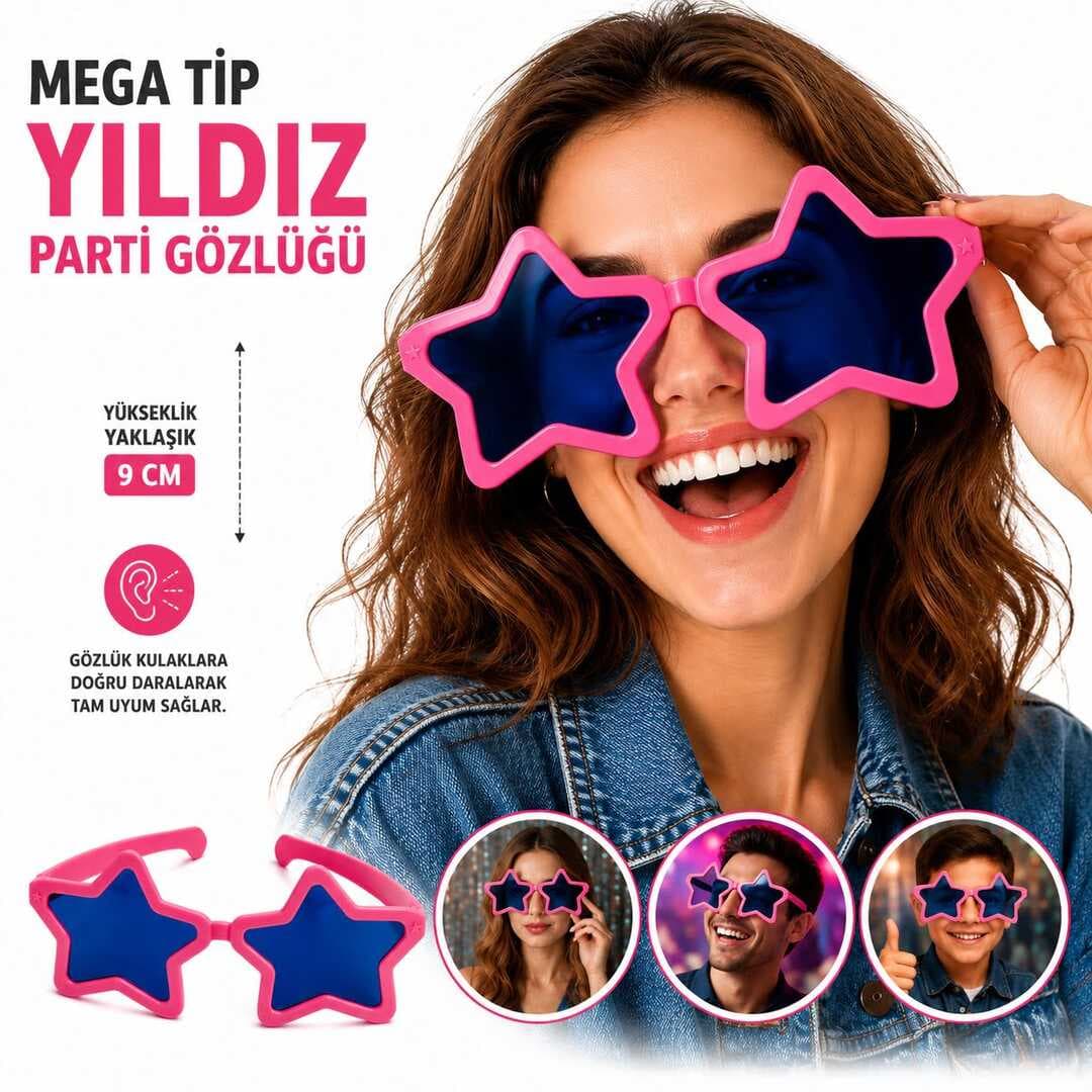 Mega Tip Yıldız Parti Gözlüğü Pembe Renk (5430)