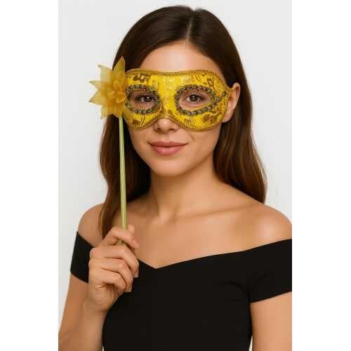 Lüks Taşlı Saplı Maskeli Balo Maskesi Altın Renk 35 cm