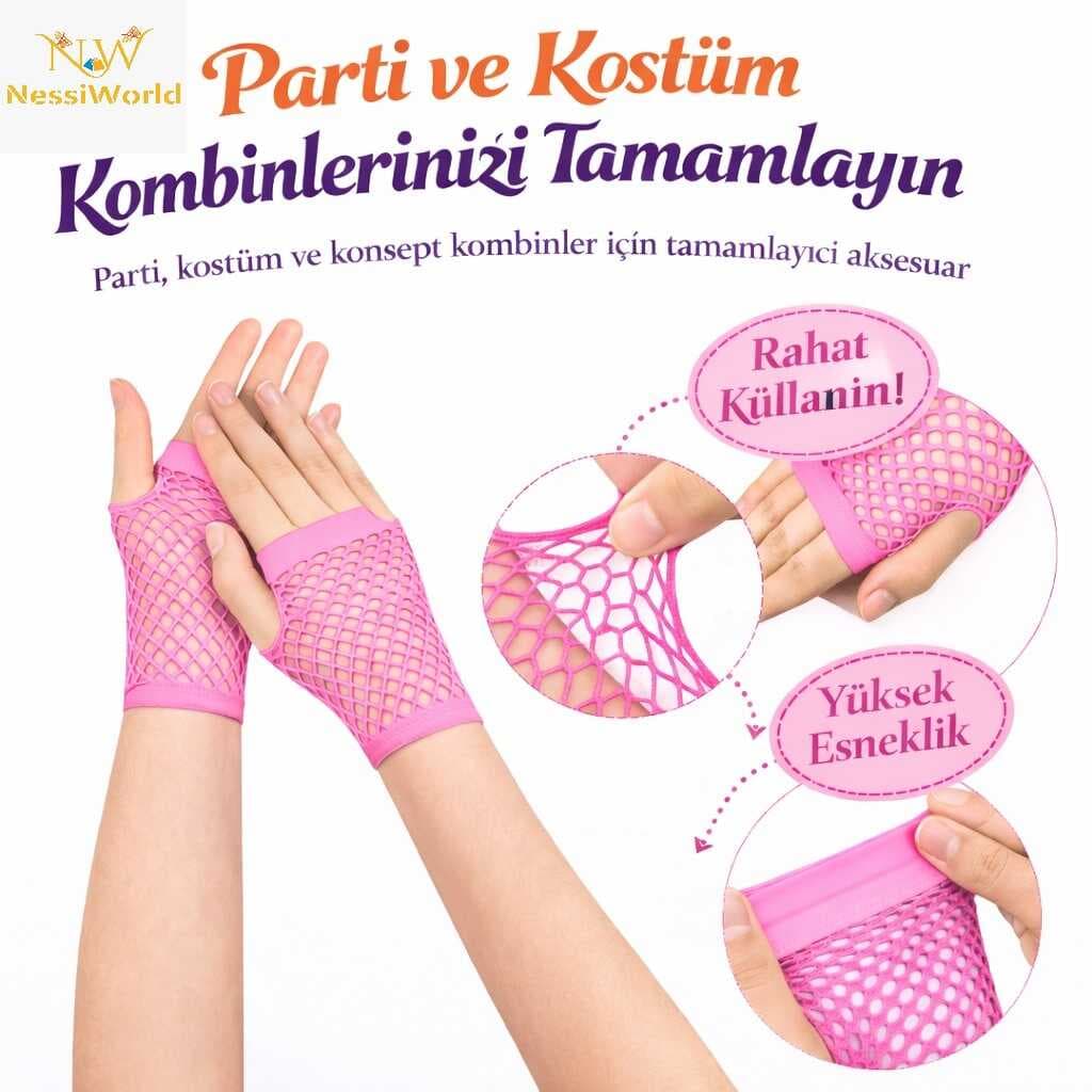 80’ler 90’lar Retro Neon Pembe File Parmaksız Kısa Eldiven 11 cm