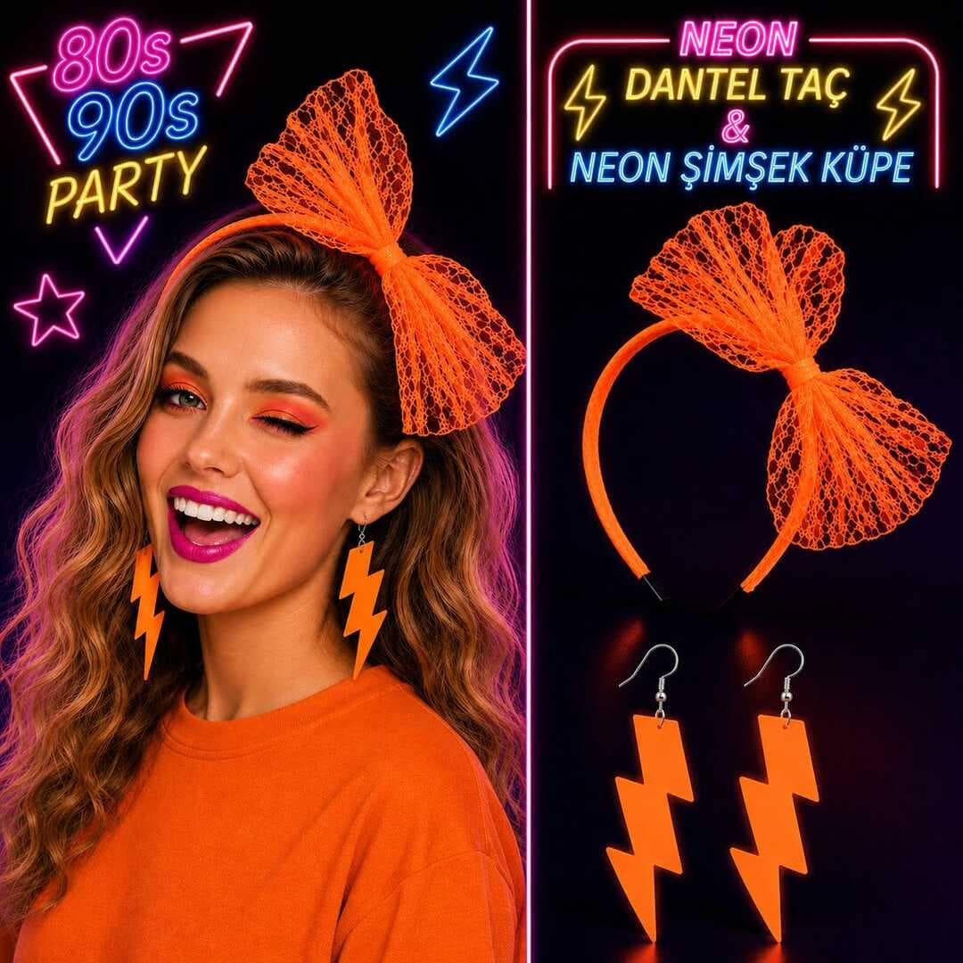 Neon Turuncu Dantel Taç ve Şimşek Küpe 80&amp;apos;ler 90&amp;apos;lar Parti Seti (5430)