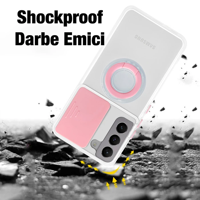 SM Galaxy S21 - S30 Kılıf Sürgülü Kamera Lens Korumalı Yüzük Standlı Silikon Kılıf-(5775)