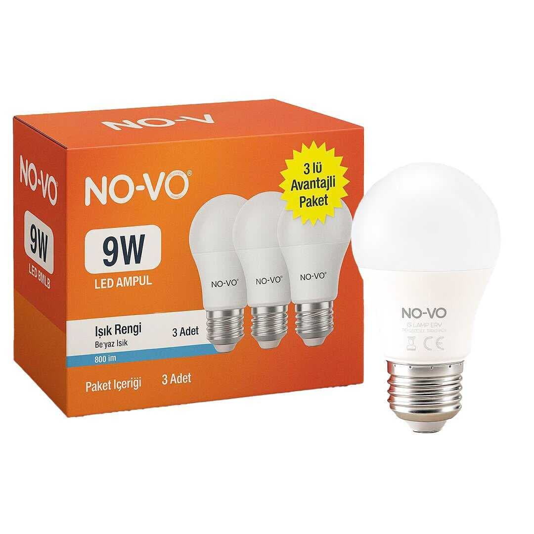 NO-VO 3LÜ AVANTAJ PAKET 9W BEYAZ LED AMPUL E27 806LM 6500K 15.000 SAAT ÖMÜR (5430)