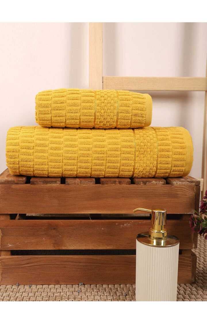 2 Parça Banyo Havlu Takımı %100 Pamuklu Çubuk Desen Sarı