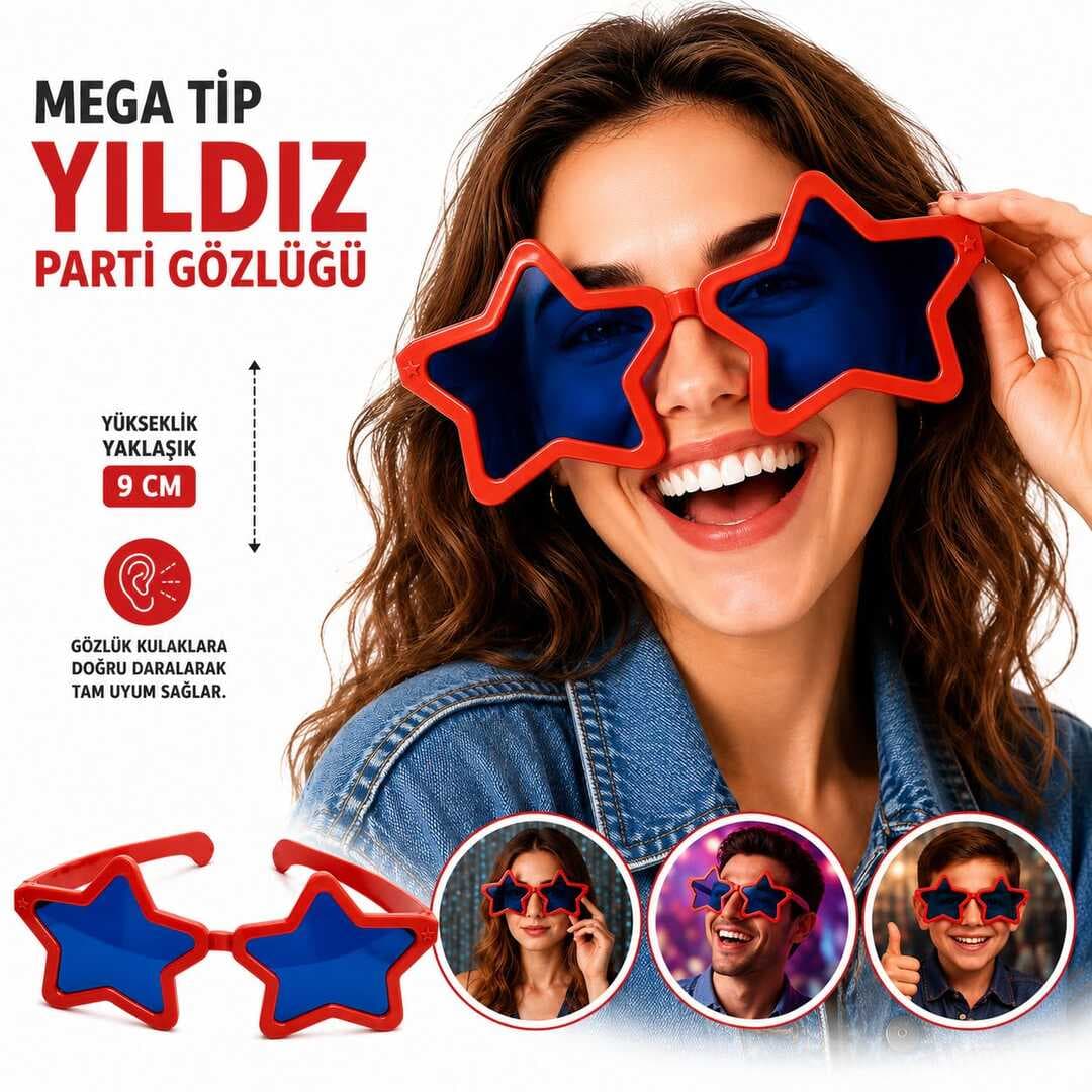Mega Tip Yıldız Parti Gözlüğü Kırmızı Renk (5430)
