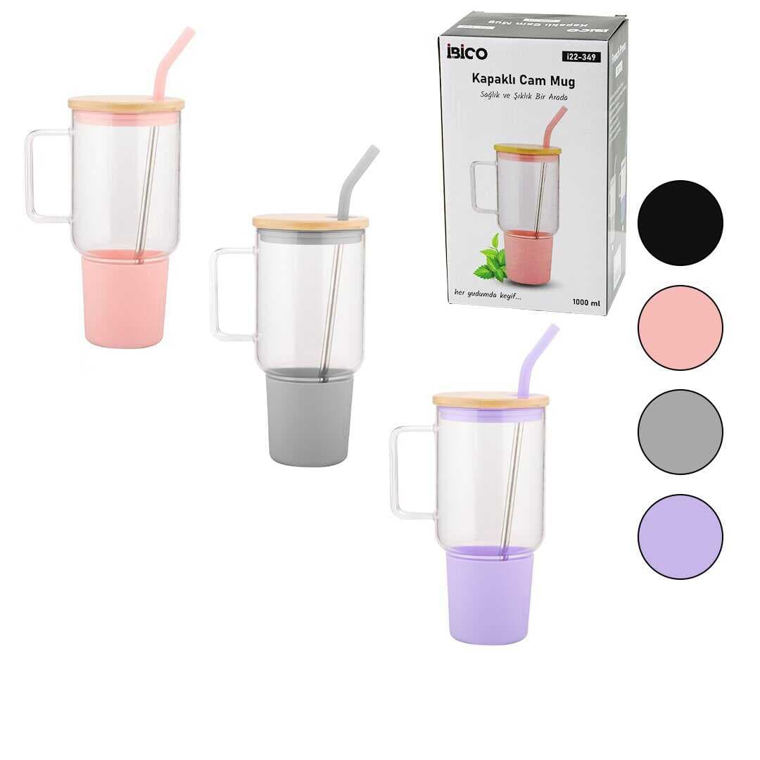 CAM 1000ML MATARA - SULUK BAMBU KAPAK - SIZDIRMAZ SİLİKONLU ÇELİK PİPET KORUYUCU SİLİKON ALTLIK - KILIF (5430)